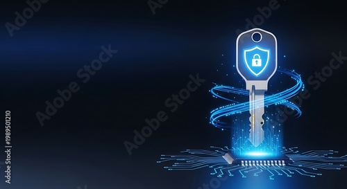Digital key with shield icon glows on abstract futuristic circuit board access granted security protection cybersecurity technology futuristic abstract connection confidential encryption