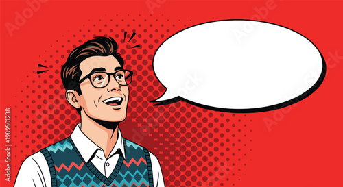Joyful young man in a sweater vest and glasses looks up and smiles with an empty speech bubble on a red background for good news.