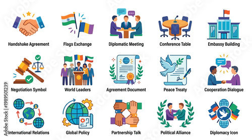 A collection of flat design icons representing international relations, diplomacy, and global cooperation, including handshakes, flags, meetings, and treaties.