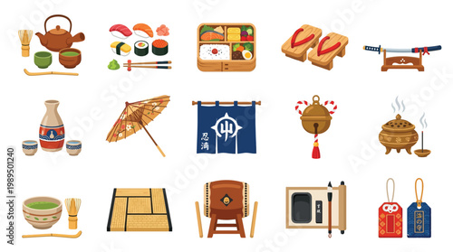 A vibrant collection of traditional Japanese cultural icons and objects, artfully arranged for a comprehensive visual representation.