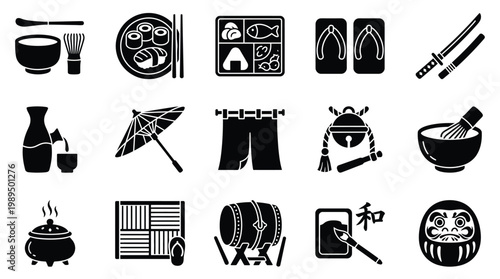 A collection of black and white icons representing various aspects of Japanese culture, including food, traditional clothing, and ceremonial items.