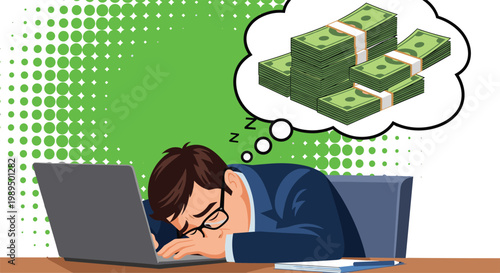 Tired businessman in a suit sleeps on his laptop at his desk and dreams of a huge pile of money bundles for his future success.
