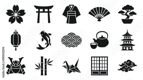 A collection of icons, including a samurai helmet, cherry blossom, torii gate, kimono, fan, bonsai tree, lantern, koi fish, waves, teapot, pagoda, bamboo, origami crane, shoji screen, and clouds.