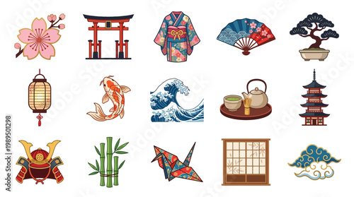 A collection of traditional Japanese cultural icons and symbols, including flora, fauna, architecture, and art.