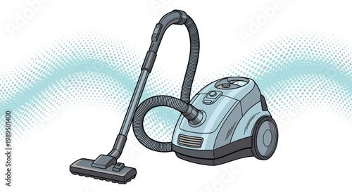 Modern blue canister vacuum cleaner is featured against a light blue wave background with a dotted texture for a cleaning service.