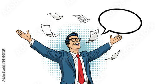 Happy businessman in a suit throws papers into the air and celebrates with open arms against a blue polka dot background for a success.