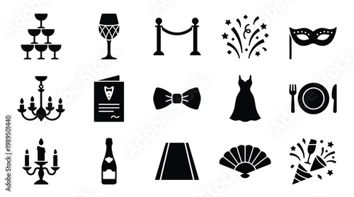 A collection of black and white icons representing elements of a formal event or celebration, including champagne, masks, and attire.