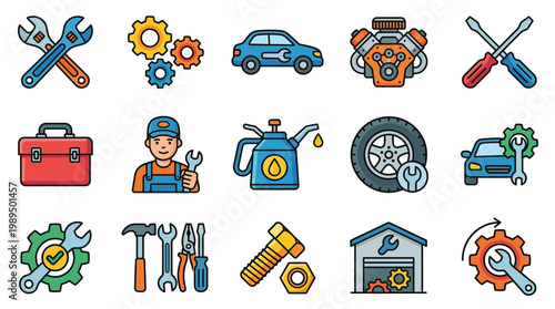 A collection of colorful flat icons representing various aspects of automotive repair and maintenance services.