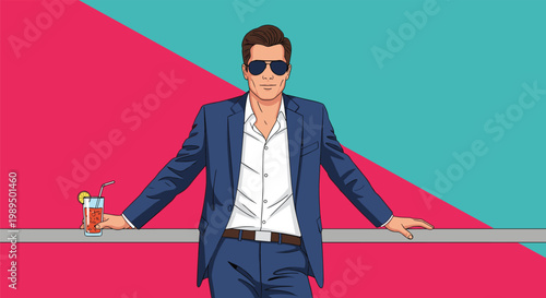 Cool businessman in a blue suit and sunglasses leans on a bar with a cocktail against a pink and blue background for a relaxed party.