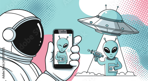 Astronaut in a space suit takes a selfie with a friendly green alien using a smartphone in outer space while floating near a ship.