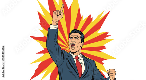 Determined businessman in a suit shouting and pointing up with his finger against a red and yellow burst background for a win.