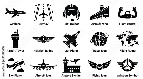 Collection of 15 black and white aviation and travel icons, including airplanes, airport tower, runway, pilot helmet, and world maps.