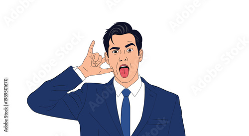 Energetic businessman in a suit making a call me hand gesture and sticking out his tongue with a funny facial expression.