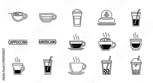 Collection of black and white line art icons featuring various coffee drinks, hot beverages, and iced teas in different cups and glasses.