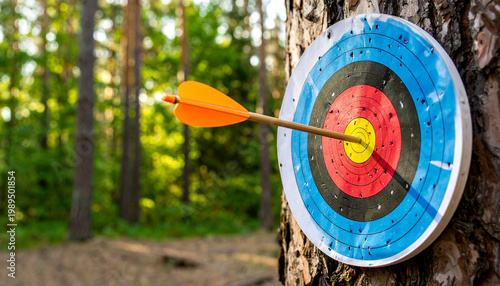 Orange arrow hits bullseye on colorful archery target. Target mounted on tree trunk in forest. Outdoor sport, focus, precision, accuracy achieved