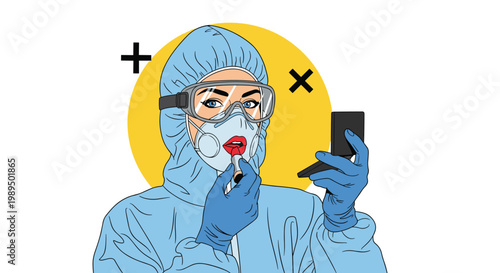 Woman wearing a blue medical hazmat suit, mask, and goggles applying red lipstick while looking into a makeup mirror.