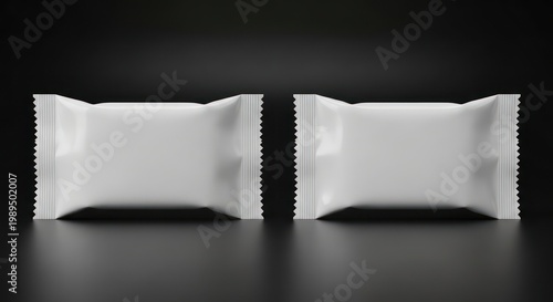 Two blank snack wrapper mockups on a black background, plastic packaging template for candy, chocolate bar or protein snacks