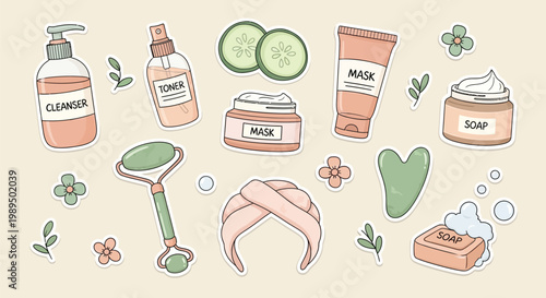 A collection of hand-drawn pastel illustrations depicting various skincare and self-care products including cleanser, toner, masks, jade roller, and cucumber slices.