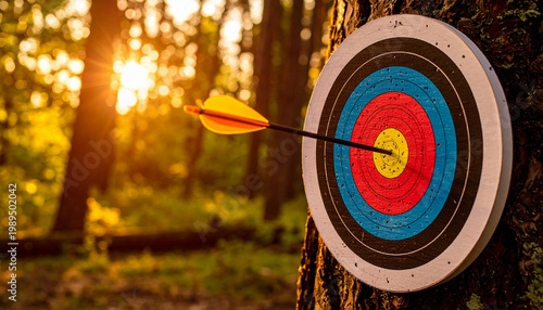 Orange arrow hits bullseye on colorful archery target. Target mounted on tree trunk in forest. Outdoor sport, focus, precision, accuracy achieved