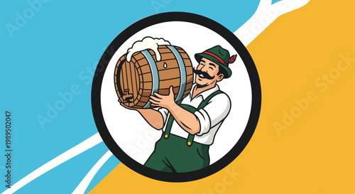 Jolly man in traditional German lederhosen and hat holding a large wooden beer barrel with foam over a beach background.