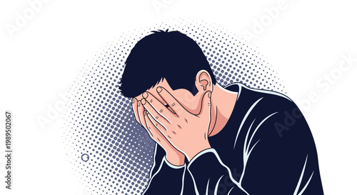 Sad man in a black sweater covering his face with his hands and crying in despair against a dark halftone background.