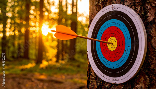 Orange arrow hits bullseye on colorful archery target. Target mounted on tree trunk in forest. Outdoor sport, focus, precision, accuracy achieved