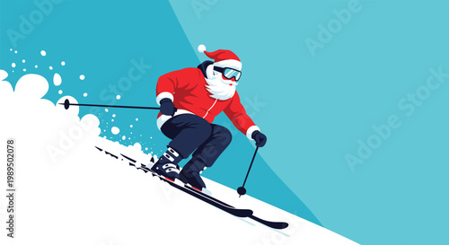 Athletic Santa Claus in his red suit and goggles skiing fast down a snowy mountain slope during the winter holiday season.