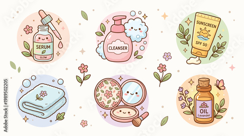 Cute pastel cartoon illustrations of various skincare and beauty products including serum, cleanser, sunscreen, towel, compact, and oil, with kawaii faces and floral accents.