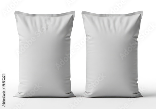 Two isolated blank white industrial sacks, empty burlap bag mockup for grain, flour, cement, sugar packaging design