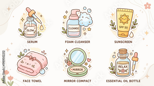 Cute cartoon illustrations of various skincare and self-care products including serum, cleanser, sunscreen, face towel, compact mirror, and essential oil.