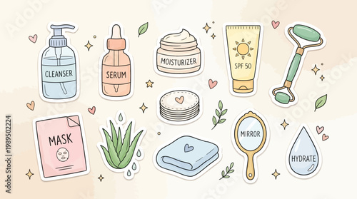 A collection of cute, hand-drawn skincare and beauty product stickers including cleanser, serum, moisturizer, sunscreen, jade roller, mask, aloe, and mirror on a light background.