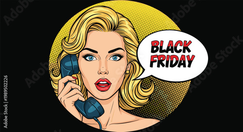 Surprised blonde woman holding a telephone handset with a Black Friday text message in a speech bubble on a background.