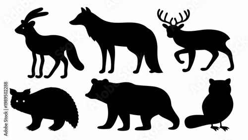 Set of black forest animal silhouettes featuring deer wolf bear rabbit raccoon and owl isolated on a white background for creative design projects and wildlife art