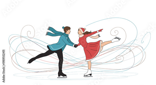 Young romantic couple in winter clothes ice skating gracefully together on a rink against a white background.