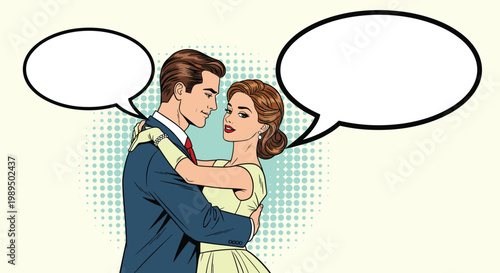 Elegant romantic couple dancing together with two empty speech bubbles for dialogue or wedding celebration messages.