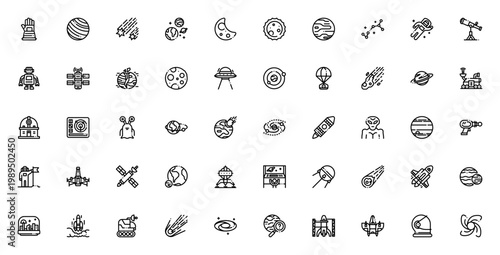 Space icon set. Vector collection of planets, astronauts, rockets, UFOs, galaxies, and more. Includes sun, moon, stars, satellite, and space station. Editable thin line illustrations.