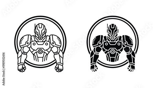 Futuristic cyborg soldier icon set for sci-fi and gaming character design in bold black and white vector graphic style featuring robotic armor and cybernetic helmet