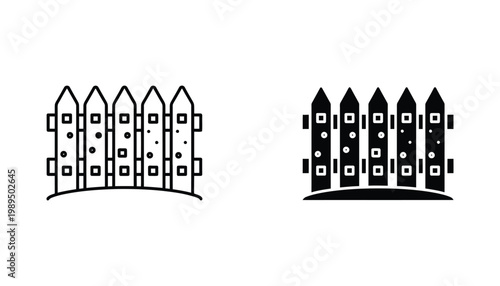 Wooden picket fence barrier icon set for residential property boundary and garden security visualization in simple black and white vector graphic style with square and circular pattern