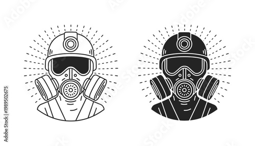 Industrial worker in protective gas mask and mining helmet icon set for hazardous environment safety and construction labor protection in bold black and white vector graphic design style