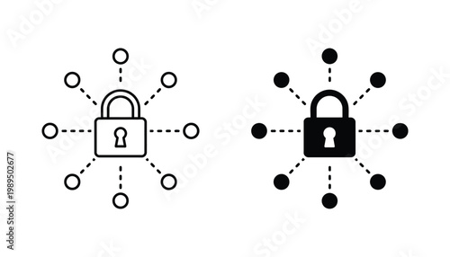 Data security network node connection icon set with central padlock for cyber safety and encrypted information exchange visualization in professional black and white vector illustration style