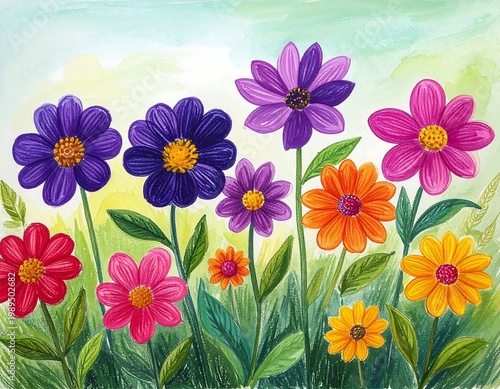 Colorful Hand Drawn Flower Garden Illustration Vibrant Purple Pink And Yellow Blossoms With Green Leaves In A Folk Art Painting Style