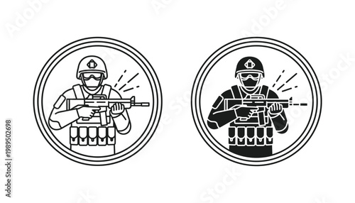 Military soldier with rifle and tactical gear icon set for combat readiness and defense security visualization in professional black and white vector graphic design style