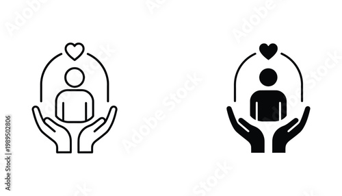 Caring hands protecting a human figure with a heart symbol representing empathy and social support in professional vector icon design