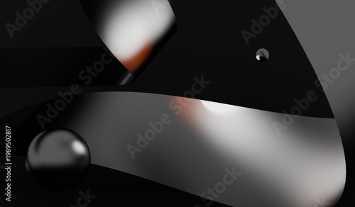 Ribbons and beads, abstract background, dark tones, 3D illustration.