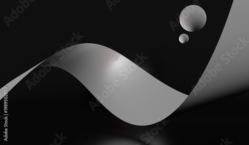 Ribbons and beads, abstract background, dark tones, 3D illustration.