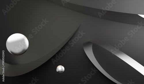 Ribbons and beads, abstract background, dark tones, 3D illustration.