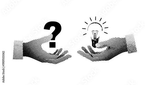 Creative problem solving concept with halftone hands question mark to light bulb diagonal collage vector