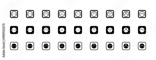 Comprehensive set of universal power outlet line icons. Minimalist vector collection of different electrical socket types for global travel and tech design.