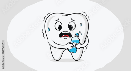 Worried cartoon tooth character is shown sweating and shivering while clutching a blue bottle of mouthwash.