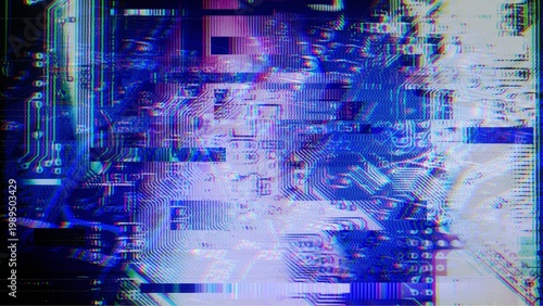 Abstract Blue Digital Glitch and Circuit Board Network Background